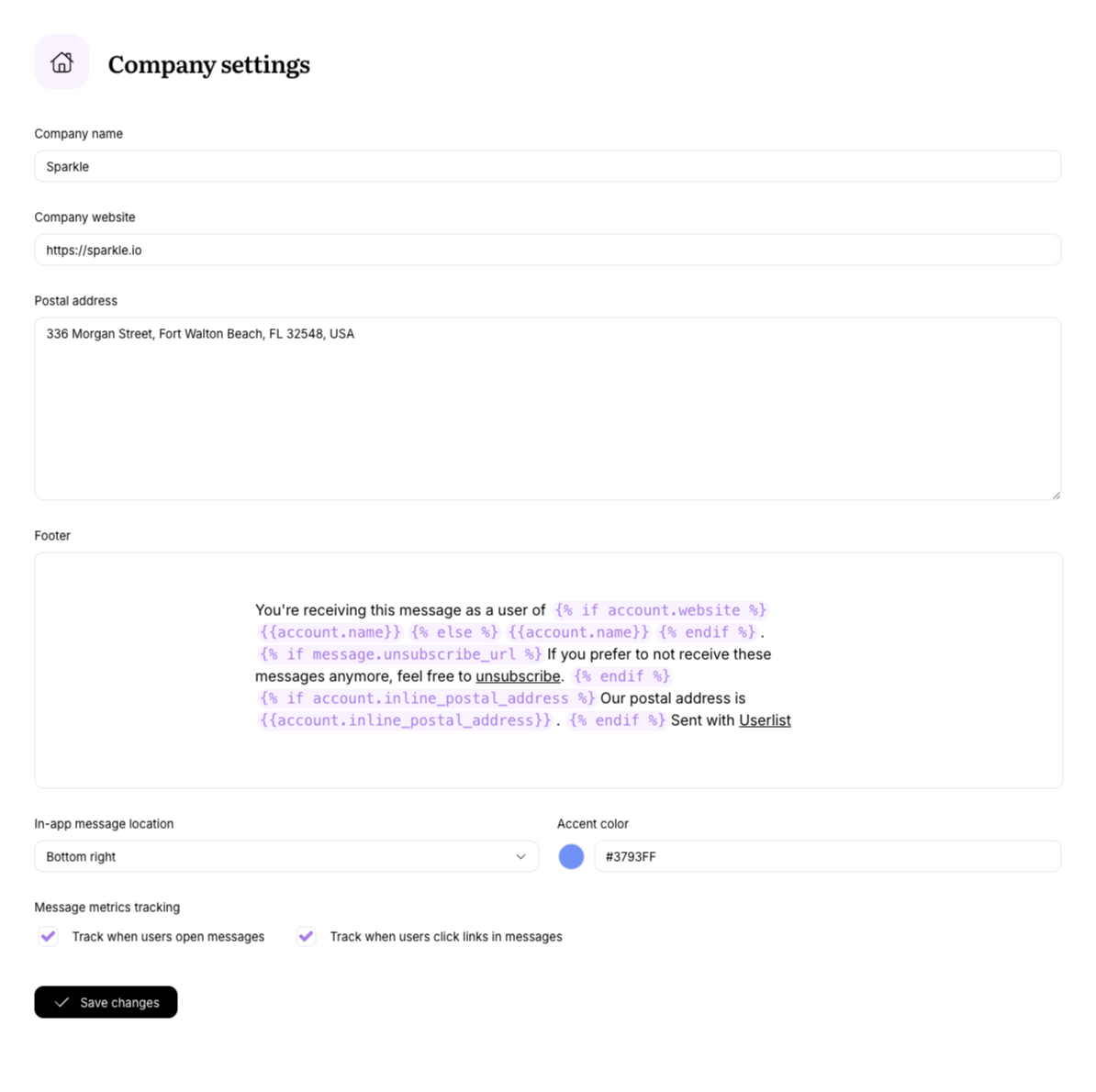 Screenshot of email settings page on Userlist