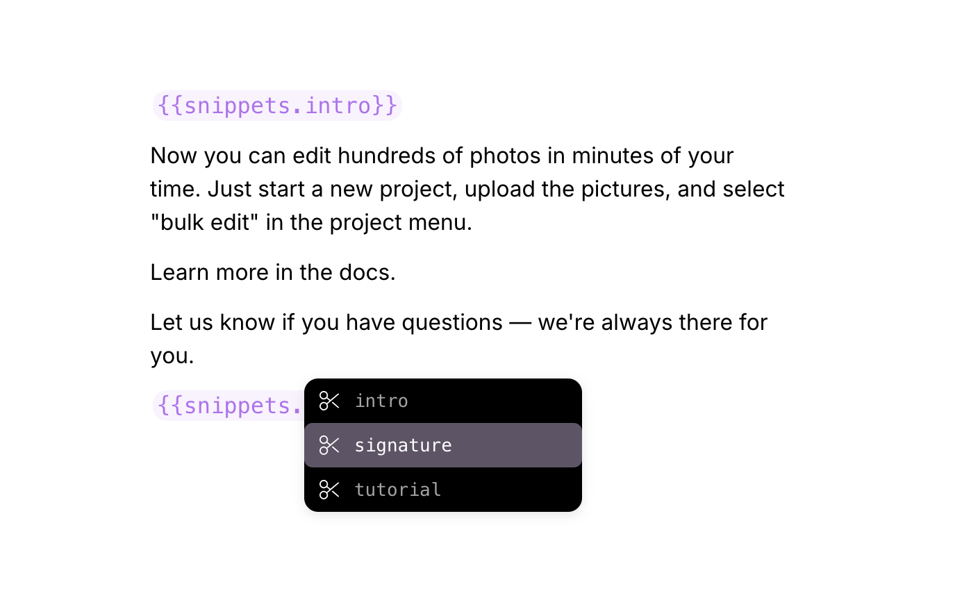 Screenshot of how to add a snippet on Userlist's message composer