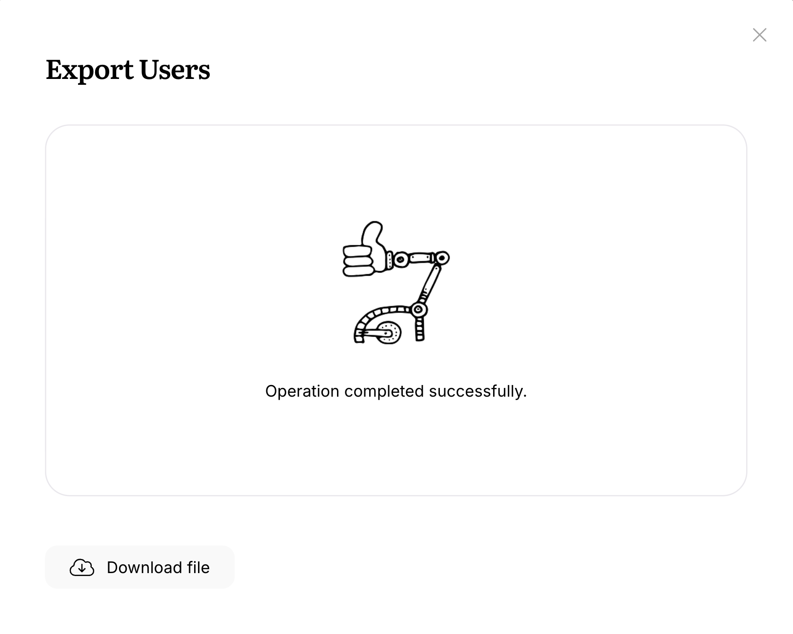 Screenshot showing user export finished modal on Userlist
