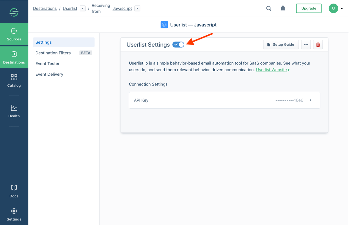 Screenshot of enabiling the destination on Segment