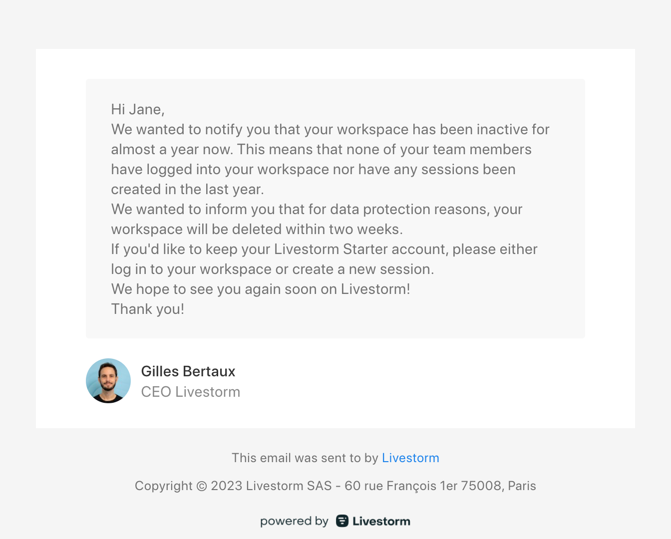 Account Removal Emails: Screenshot of Livestorm's account deletion notification email to users