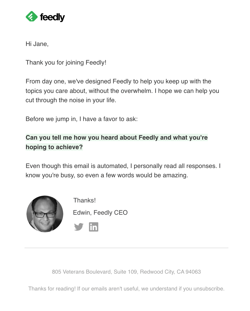 B2C SaaS Email Marketing: Screenshot of Feedly's personalized email