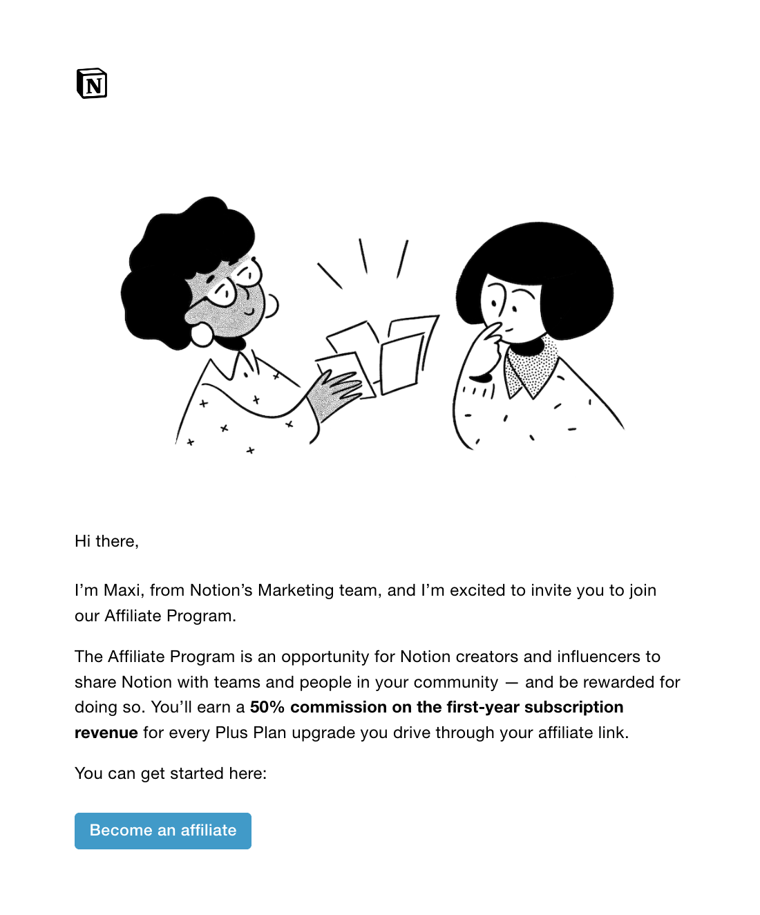 B2C SaaS Email Marketing: Screenshot of Notion's email for affiliate programs