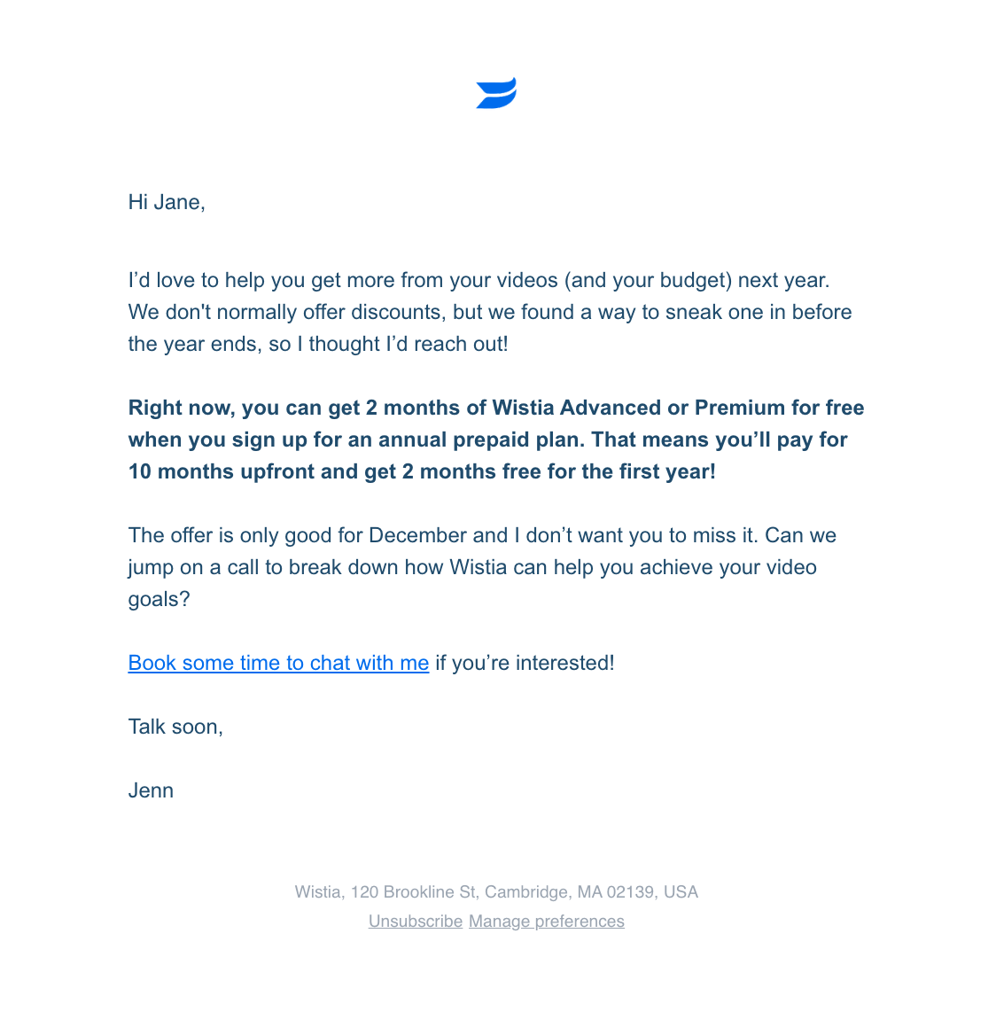 B2C SaaS Email Marketing: Screenshot of Wistia's email for a seasonal sale