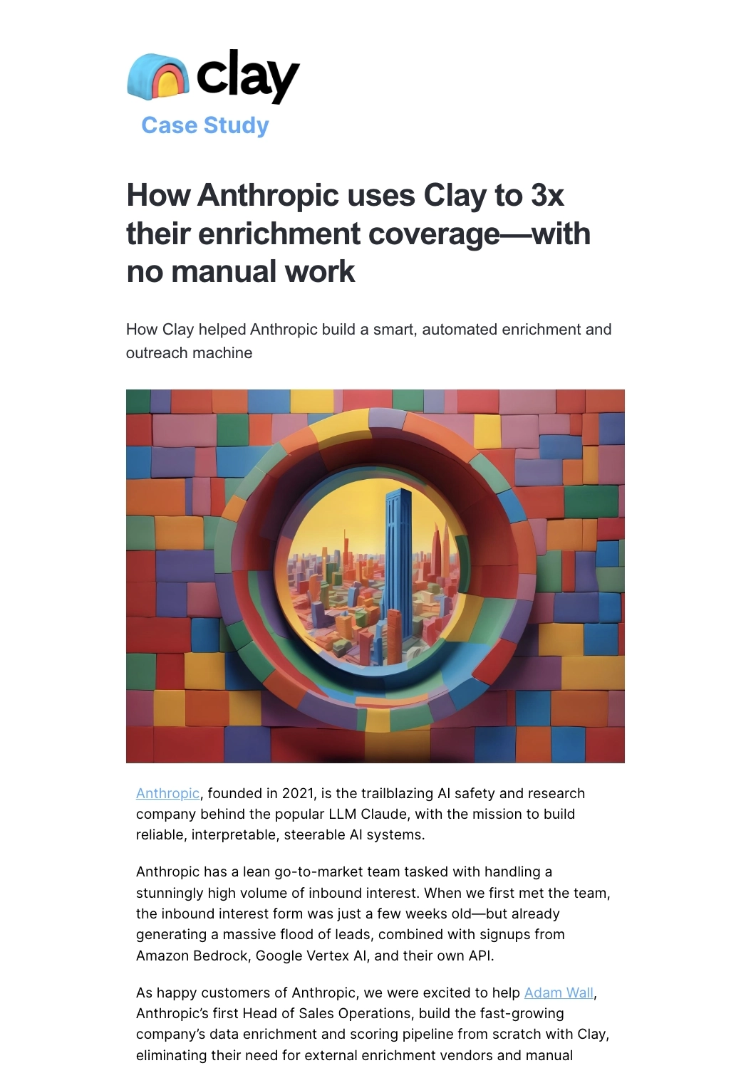 Case Study Email Examples: Screenshot of Clay's case study email featuring Anthropic
