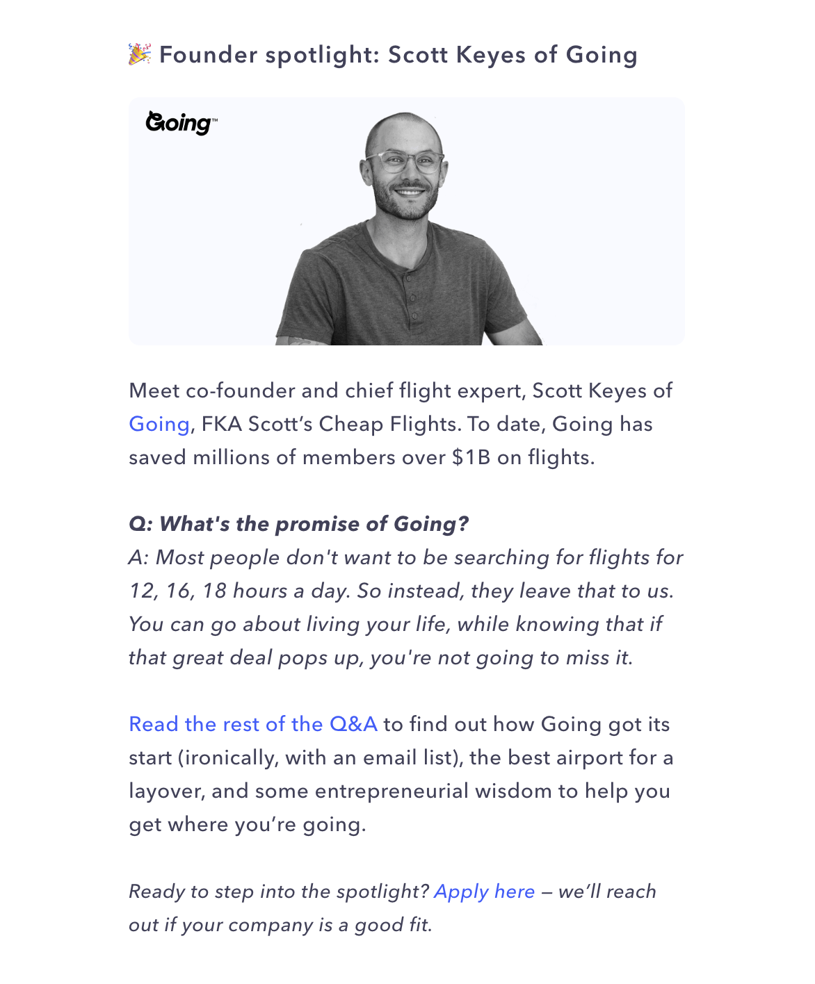 Case Study Email Examples: Screenshot of Mercury's email showcasing a founder spotlight story