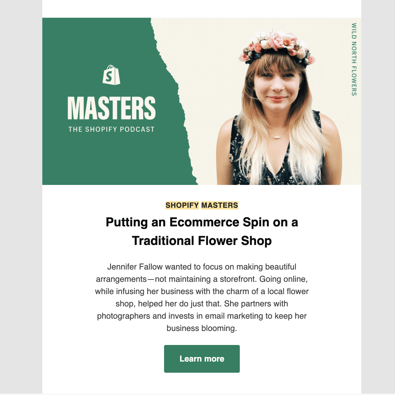 Case Study Email Examples: Screenshot of Shopify's email showcasing one of their podcast episodes