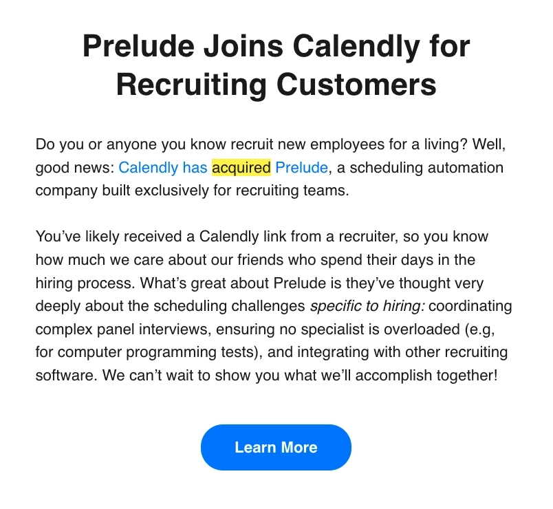 SaaS Company Acquisition Announcement Emails: Screenshot of Calendly's announcement email when they acquired Prelude