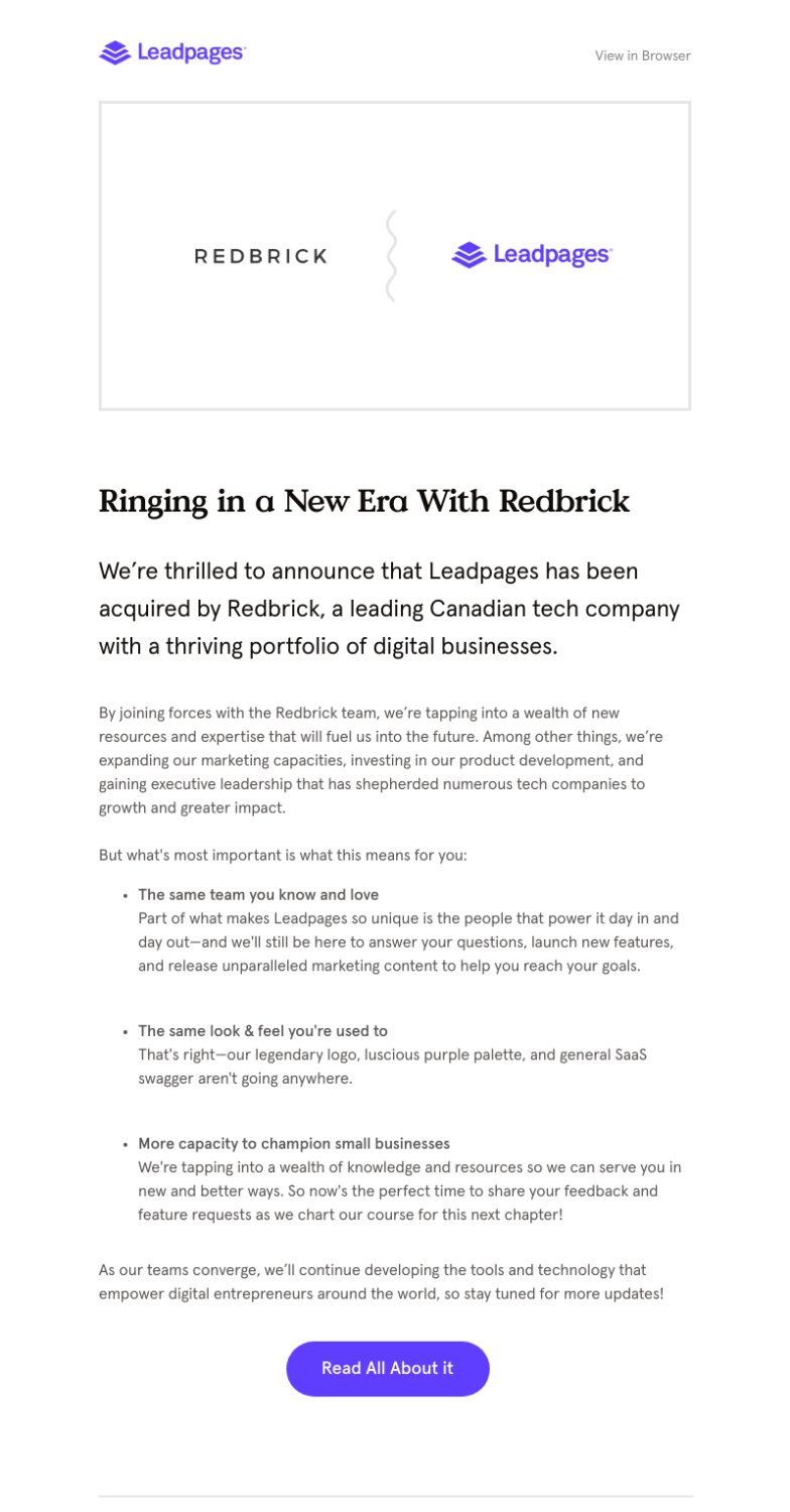 SaaS Company Acquisition Announcement Emails: Screenshot of Leadpages' announcement email when they got acquired by Redbrick