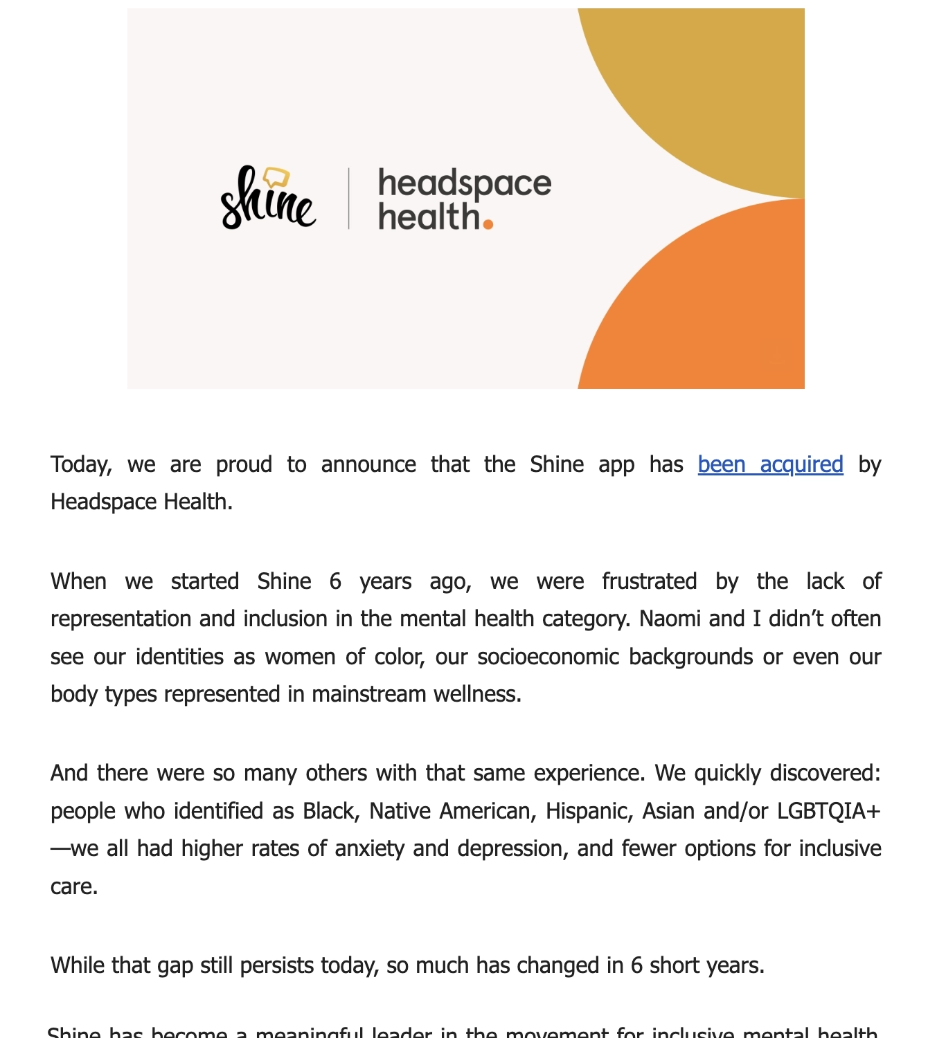 SaaS Company Acquisition Announcement Emails: Screenshot of Shine's announcement email when they got acquired by Headspace Health