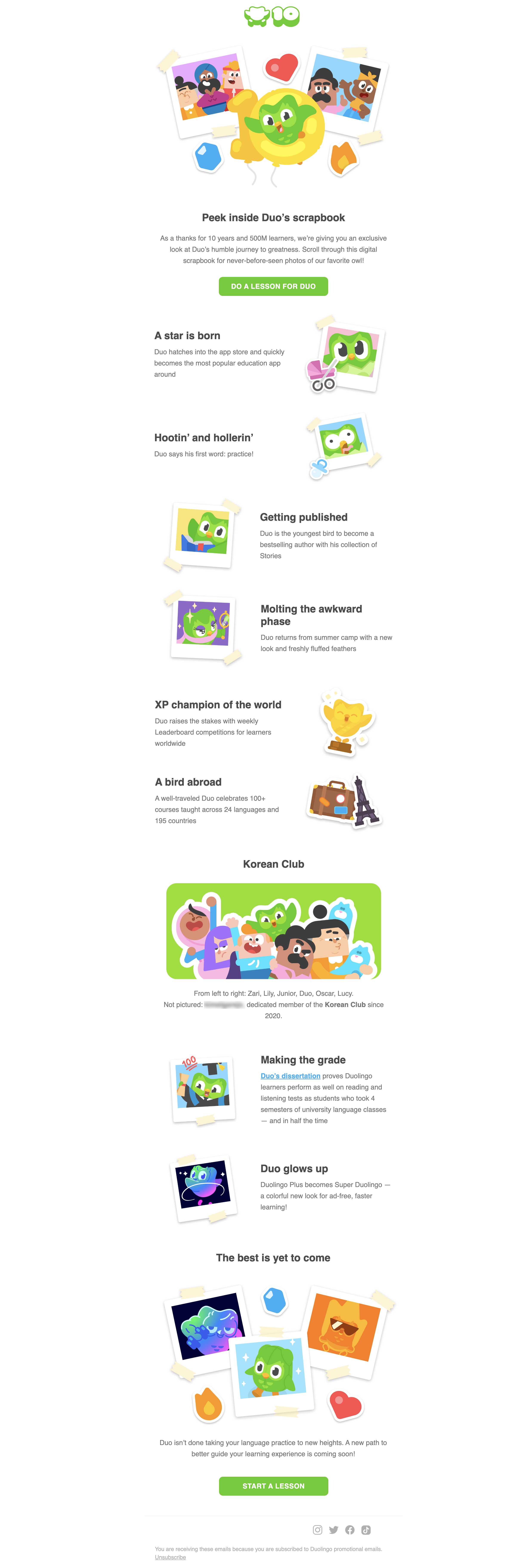 Creative SaaS Emails: Screenshot of Duolingo's creative email for their 10-year anniversary