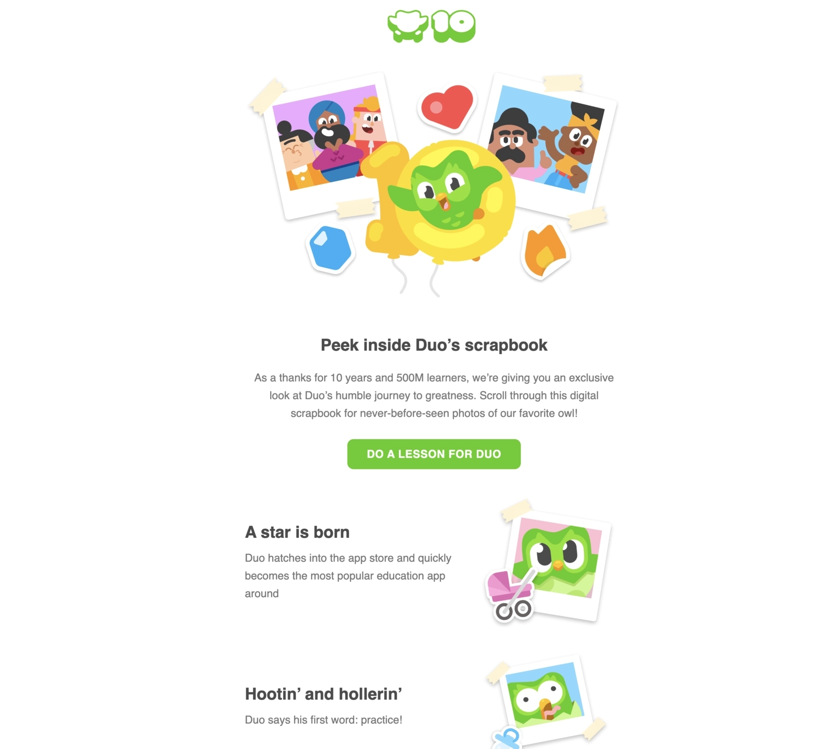 Creative SaaS Emails: Screenshot of Duolingo's creative email for their 10-year anniversary