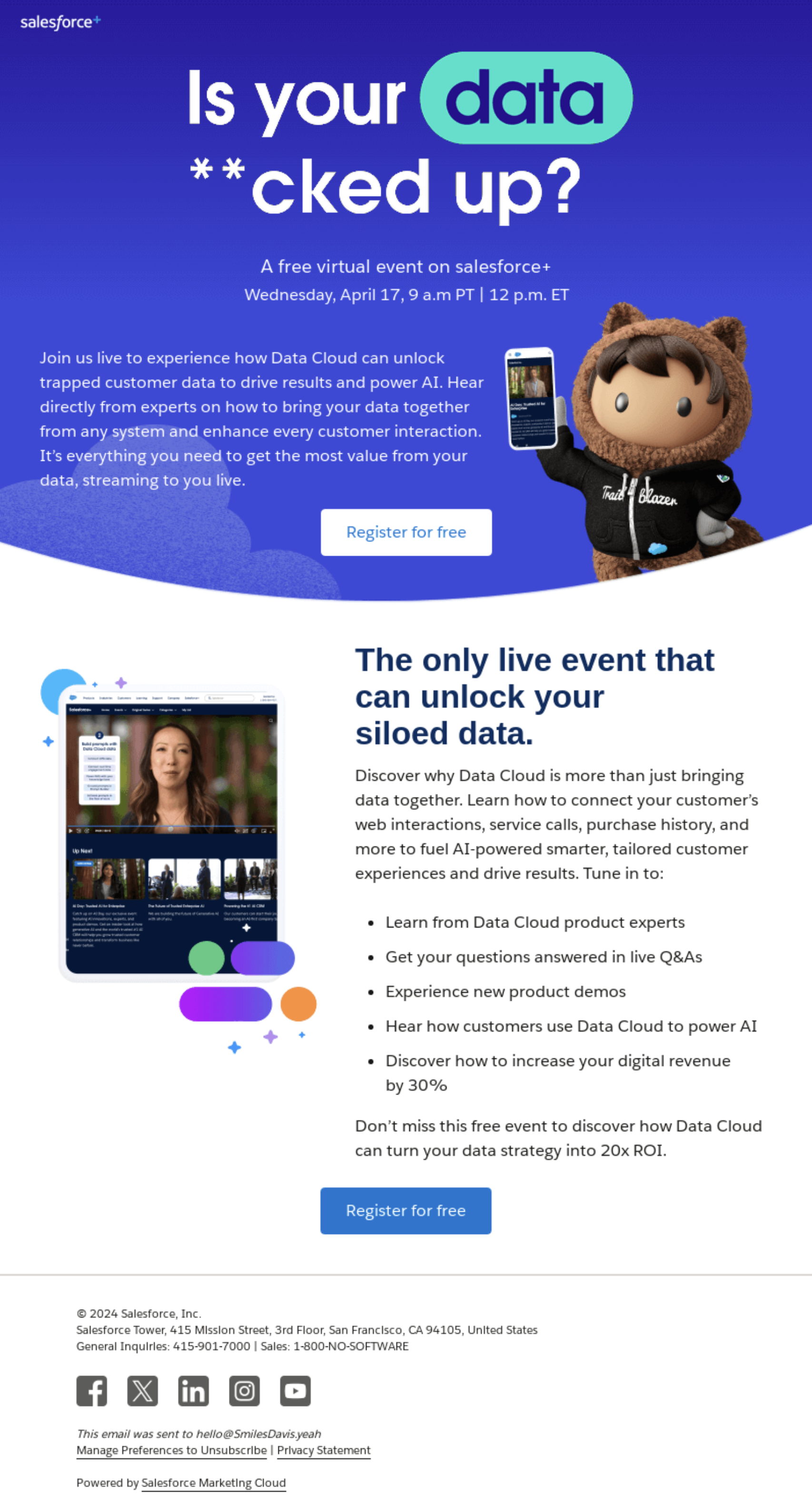 Creative SaaS Emails: Screenshot of Salesforce's creative email for their virtual Data Cloud event