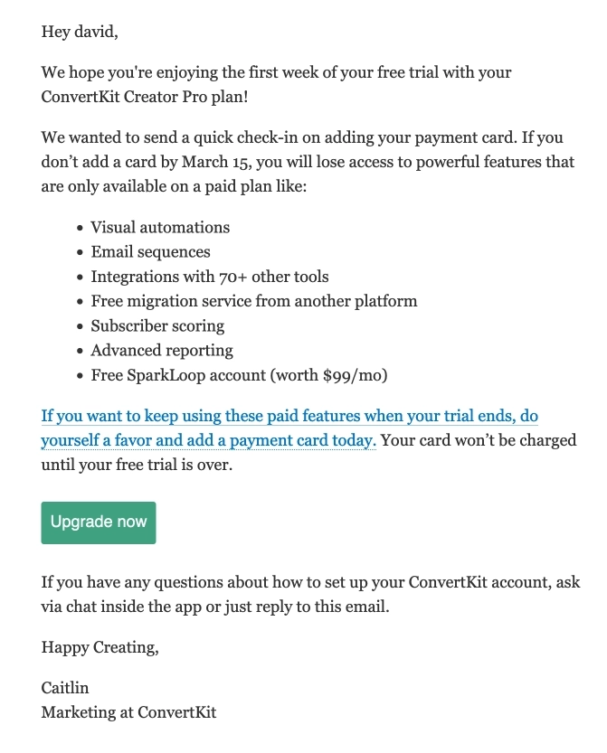SaaS CTA Emails: Screenshot of ConvertKit's conversion email