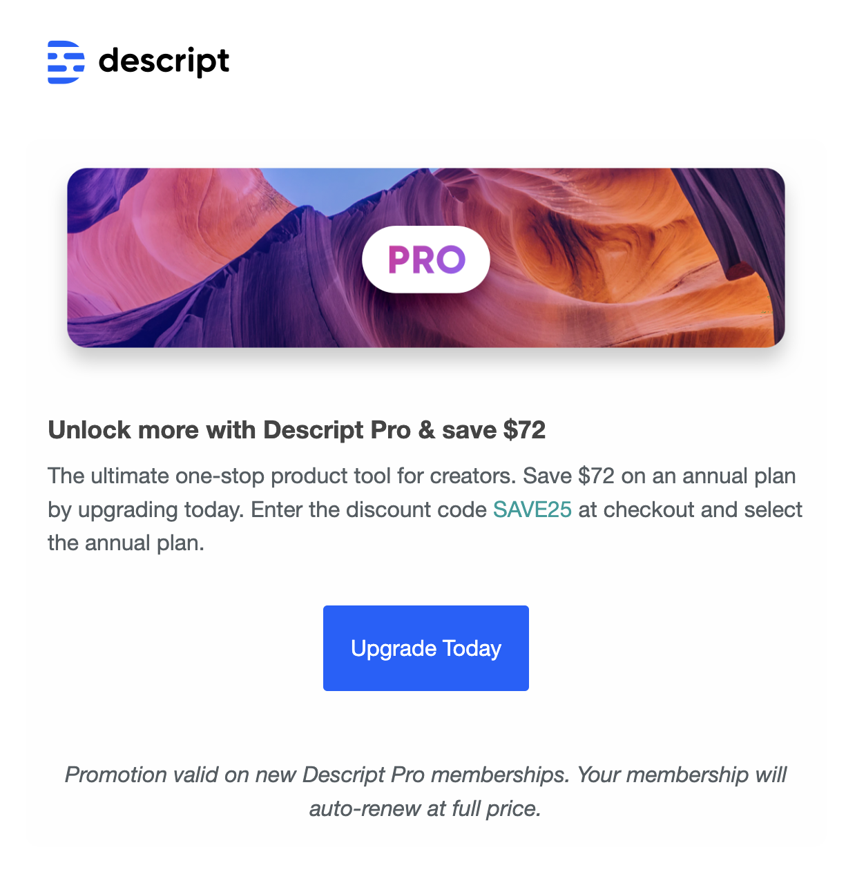 SaaS CTA Emails: Screenshot of Descript's promo email