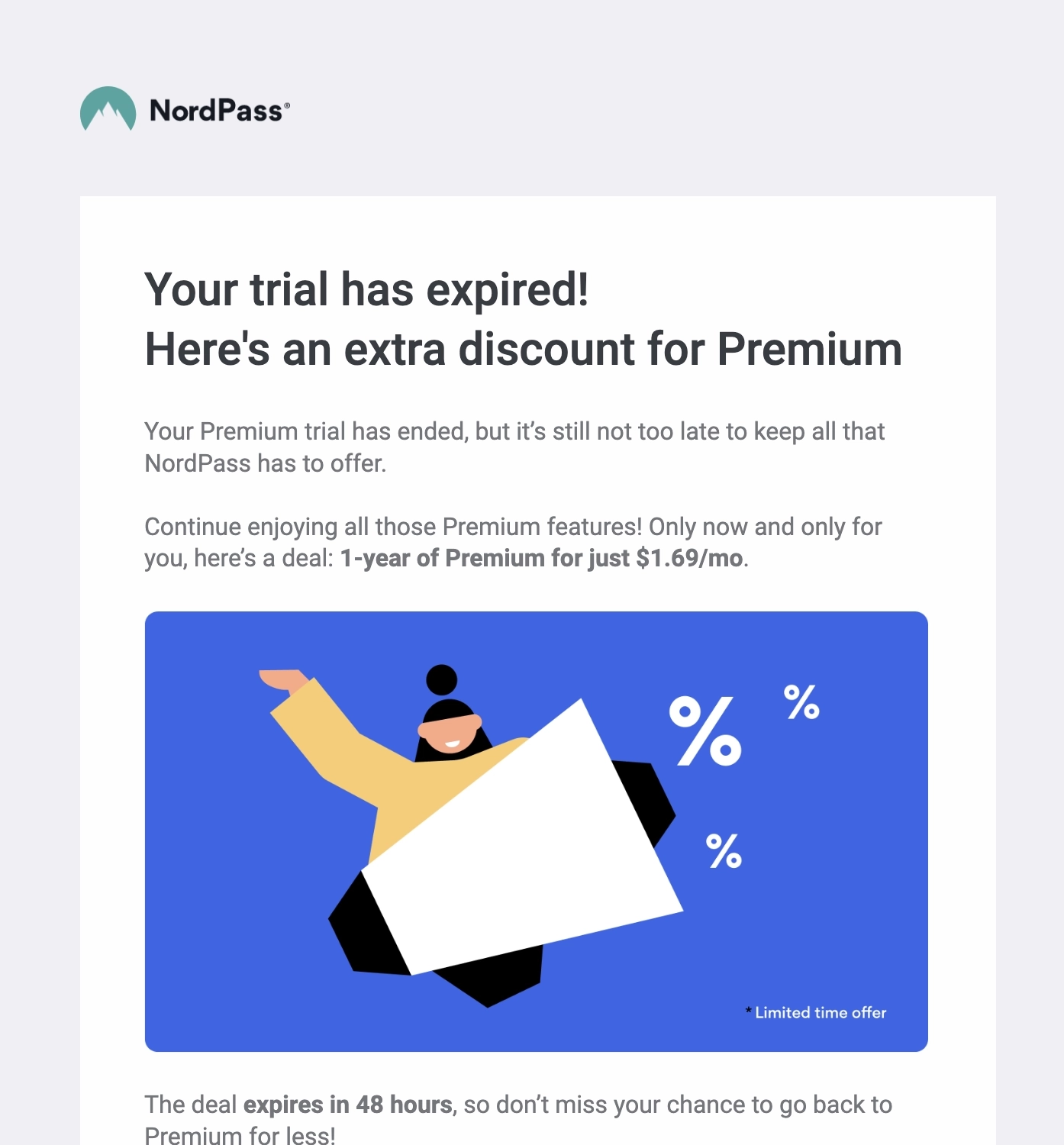 SaaS CTA Emails: Screenshot of NordPass' conversion email