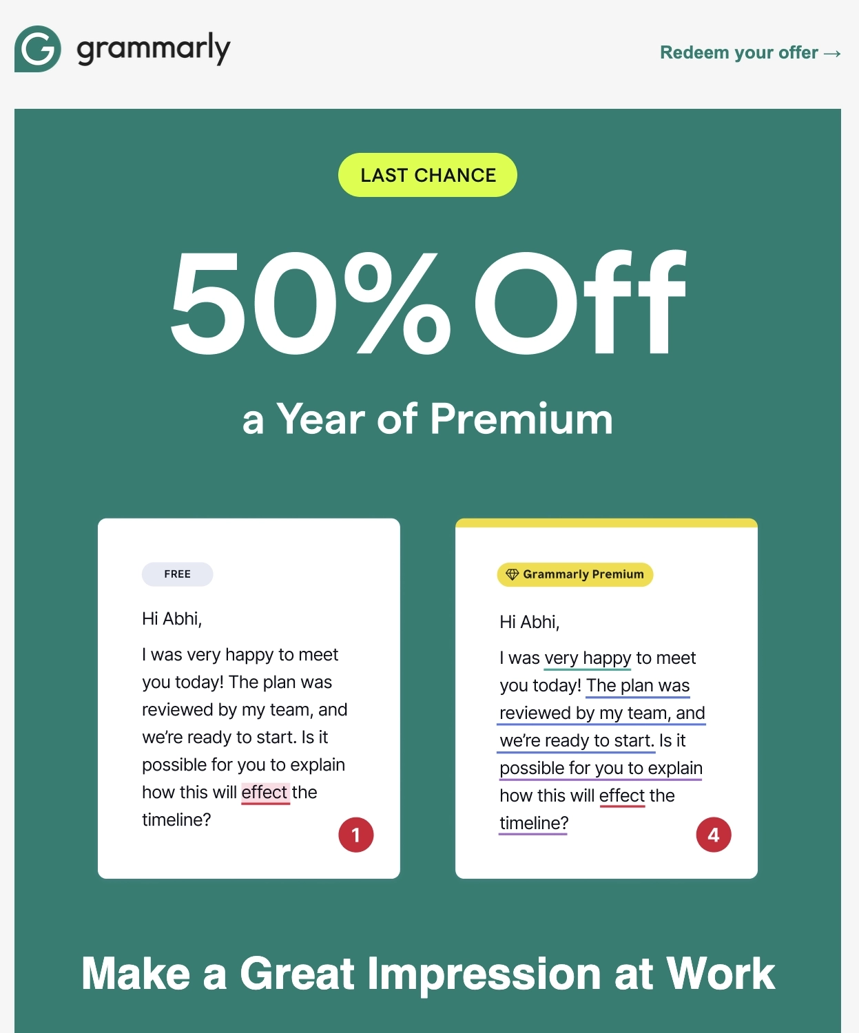 SaaS Discount and Promo Email Examples: Screenshot of Grammarly's promo email