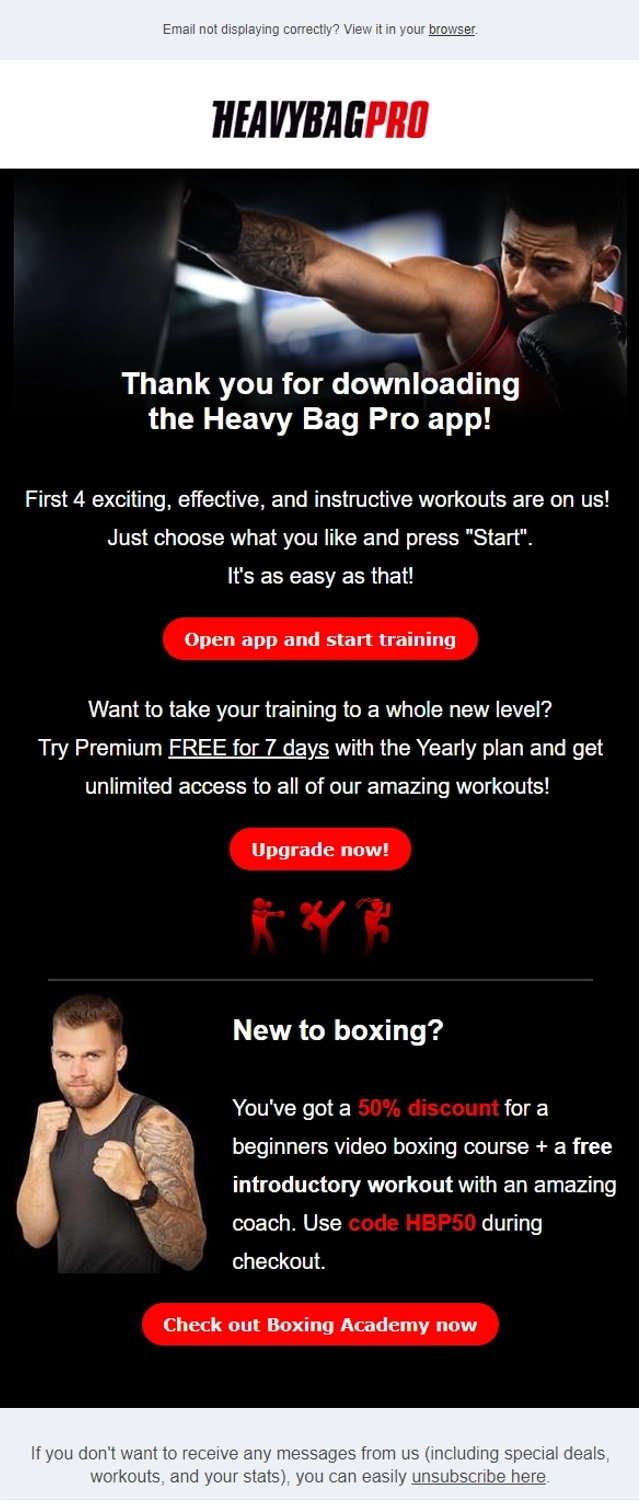 SaaS Discount and Promo Email Examples: Screenshot of Heavy Bag Pro's welcome email