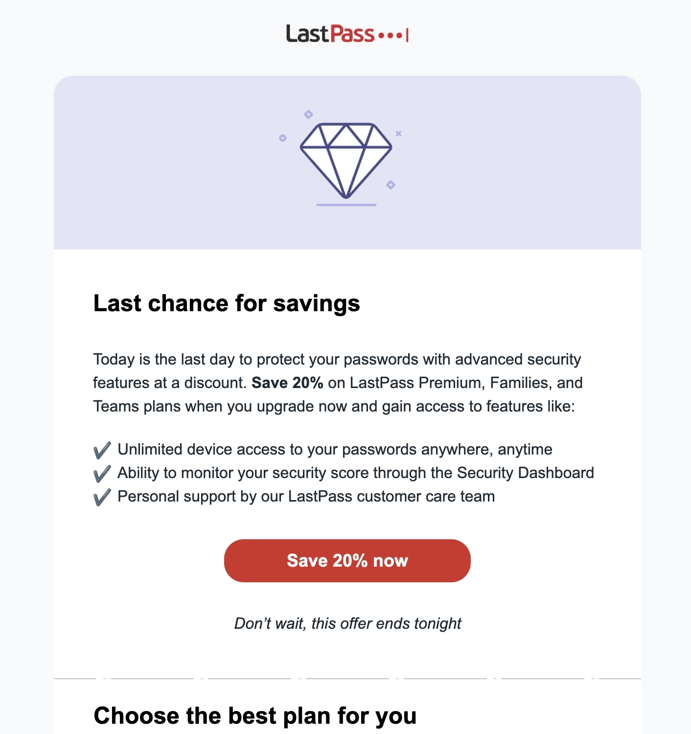 SaaS Discount and Promo Email Examples: Screenshot of LastPass' discount email