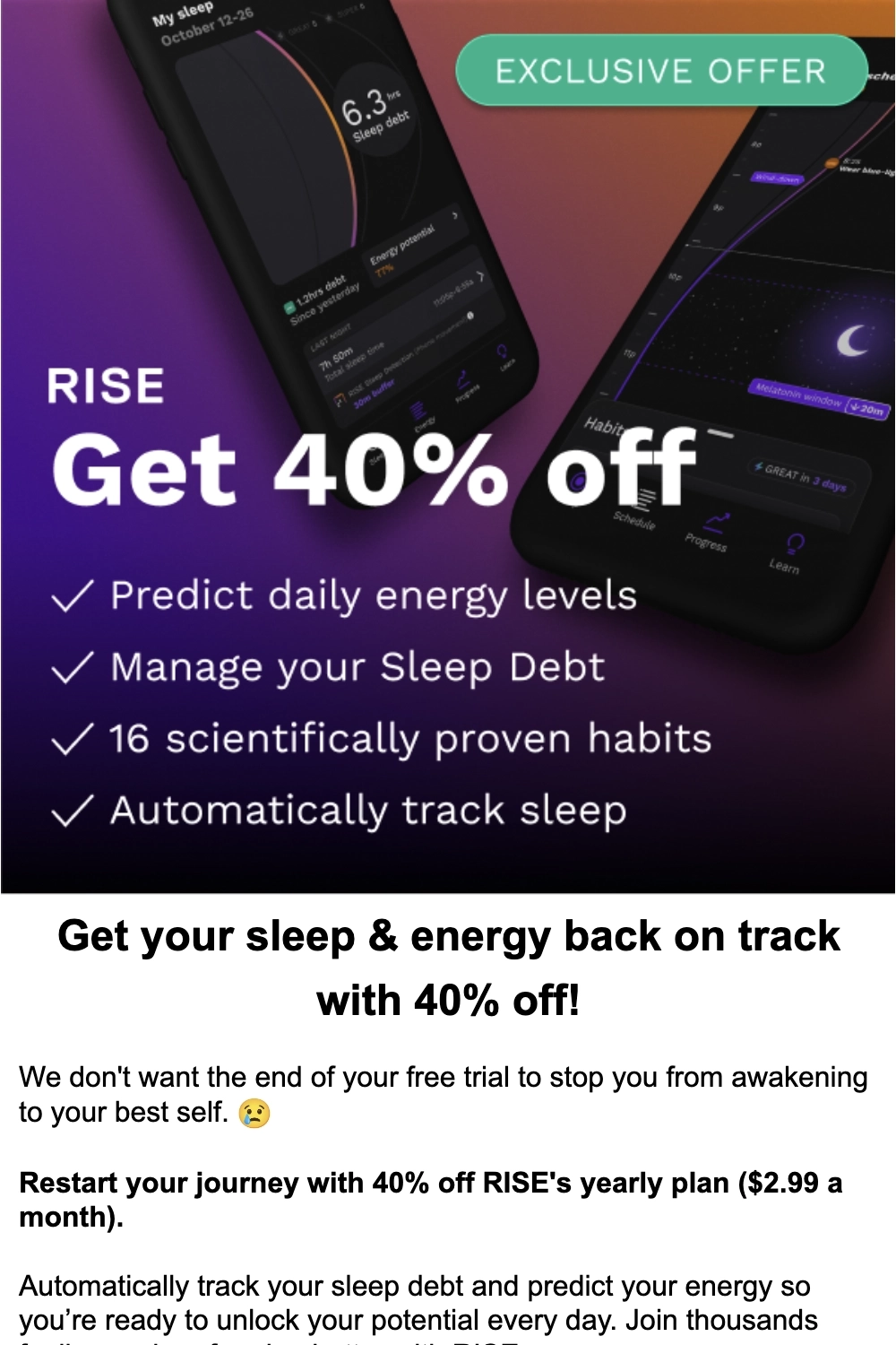 SaaS Discount and Promo Email Examples: Screenshot of Rise's promo email