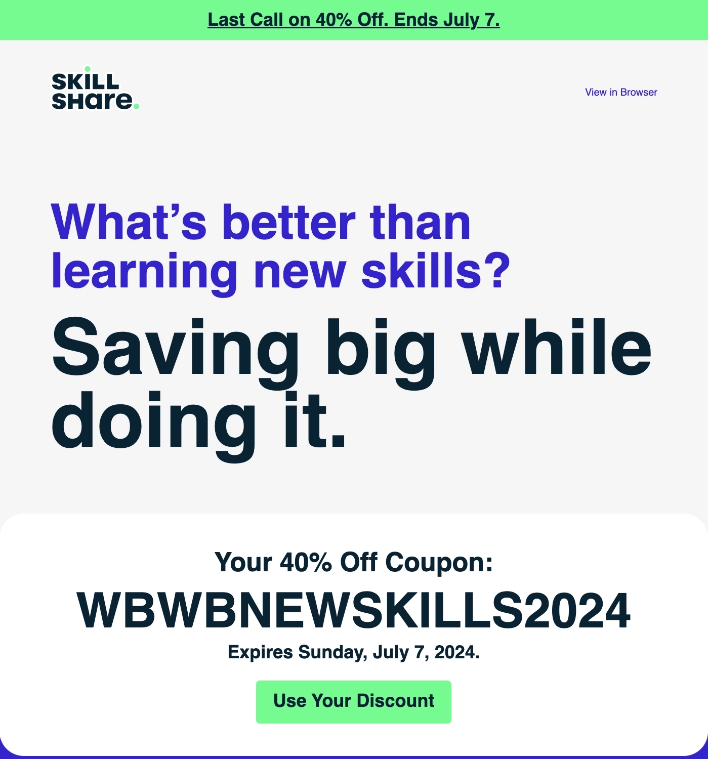 SaaS Discount and Promo Email Examples: Screenshot of Skillshare's discount email