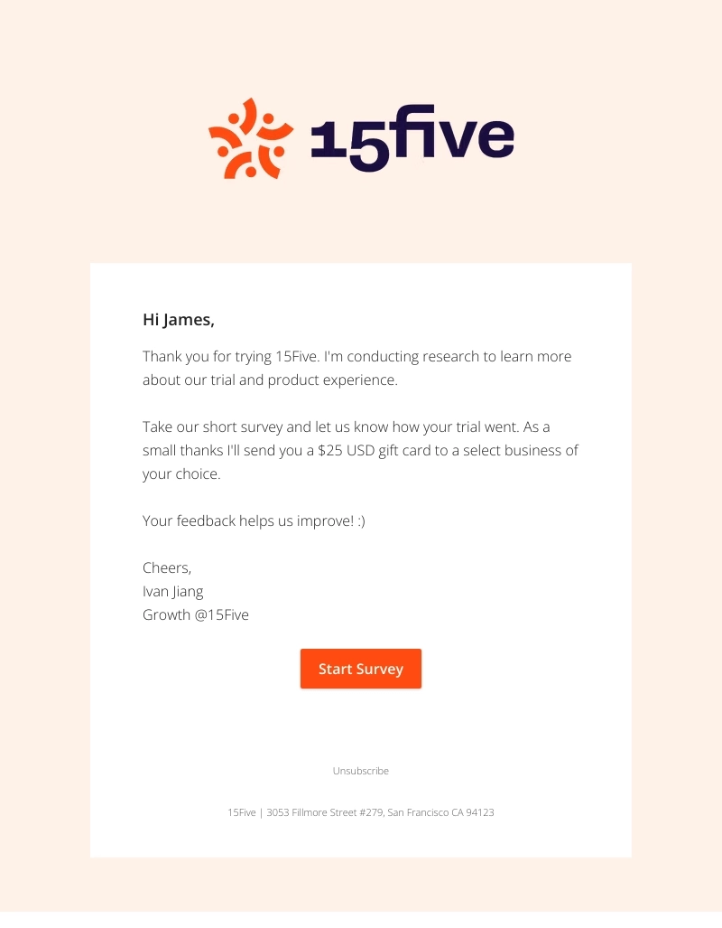 Email Engagement Content Ideas: Screenshot of 15five's email offering a gift card in exchange for answering a survey