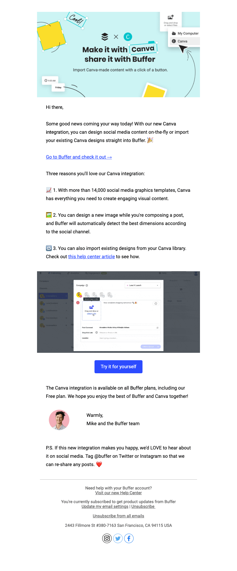 Email Engagement Content Ideas: Screenshot of Buffer's email about their Canva integration
