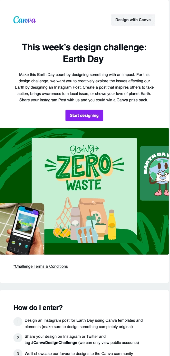 Email Engagement Content Ideas: Screenshot of Canva's email for their Earth Day challenge