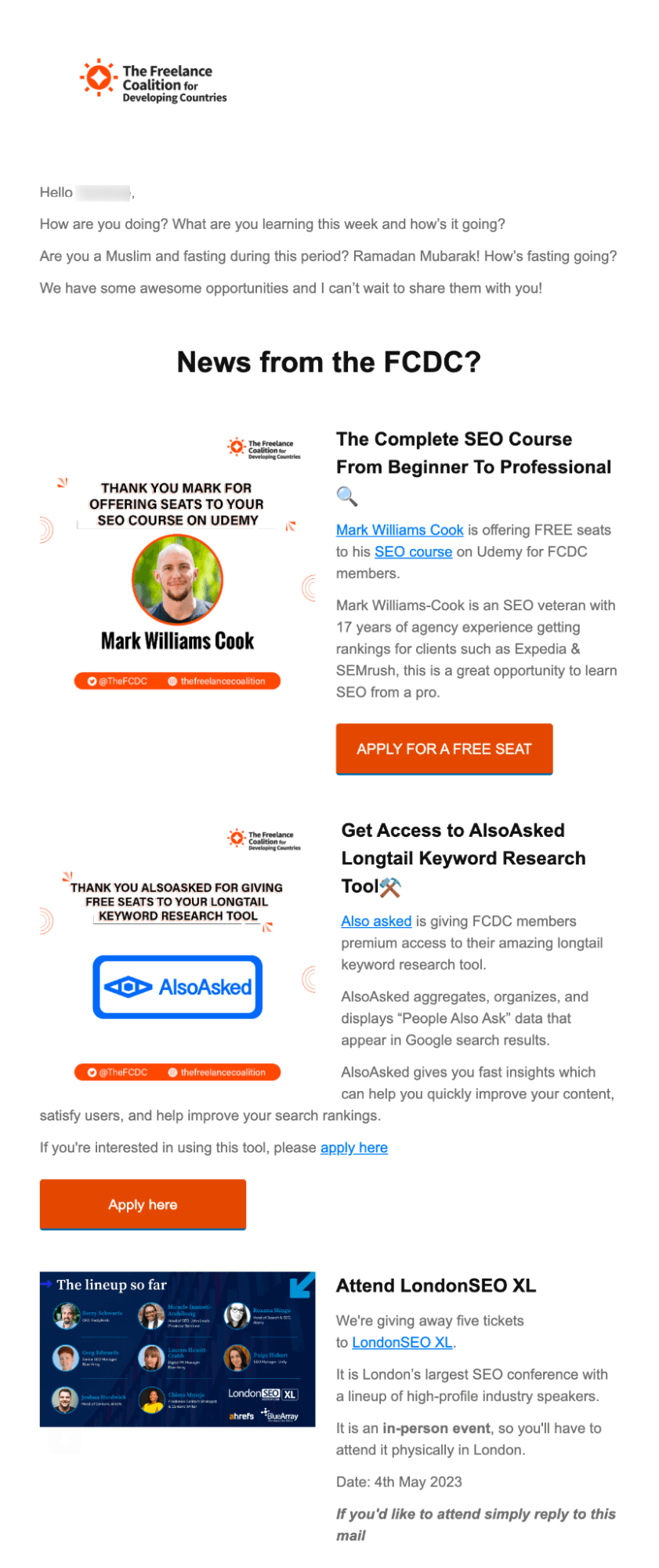 Email Engagement Content Ideas: Screenshot of FCDC's email offering gree tickets