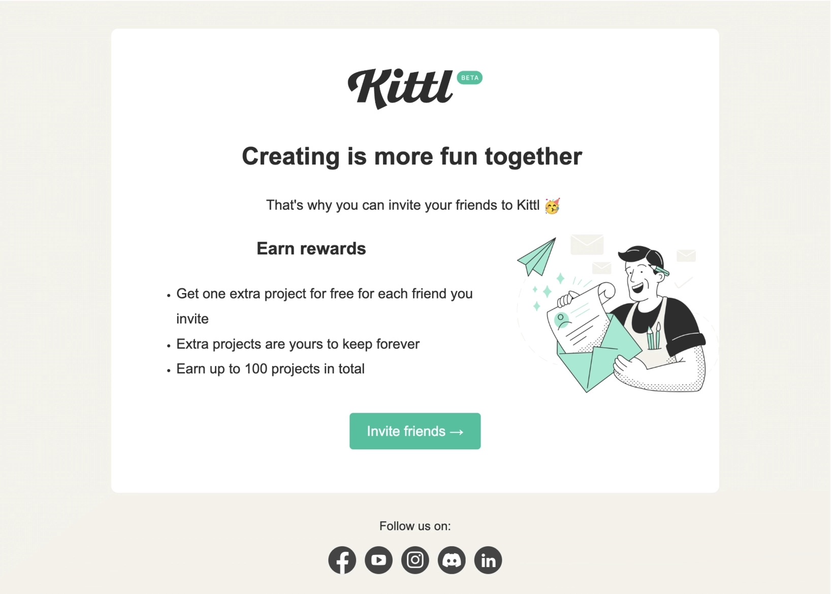 Email Engagement Content Ideas: Screenshot of Kittl's email asking users to refer a friend to their software