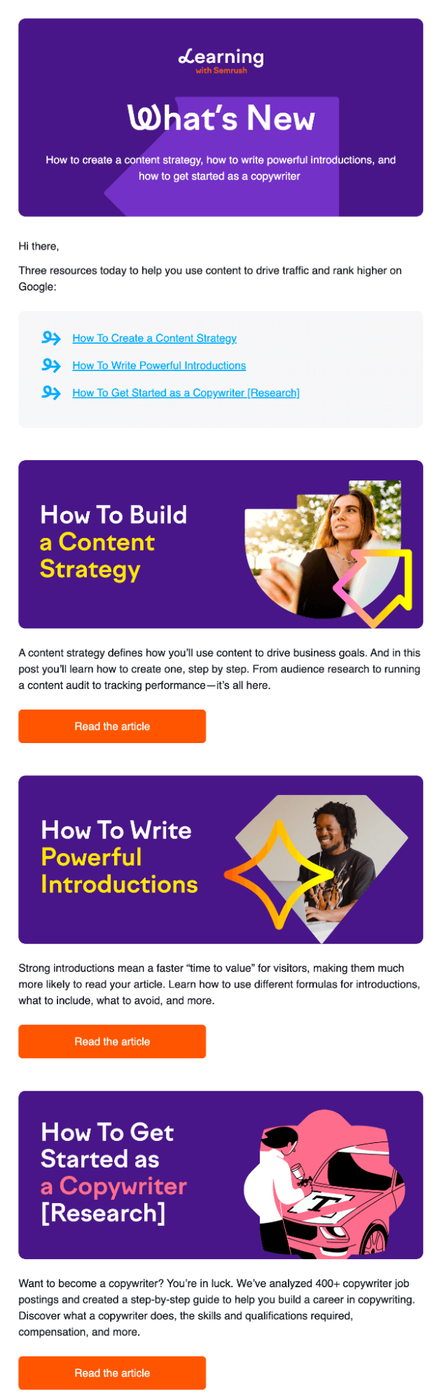 Email Engagement Content Ideas: Screenshot of Semrush's email that urges users to read their best articles