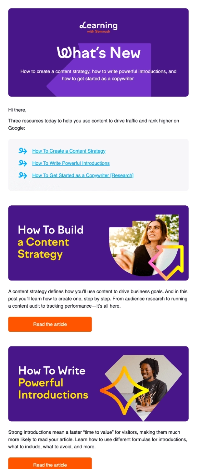 Email Engagement Content Ideas: Screenshot of Semrush's email that urges users to read their best articles