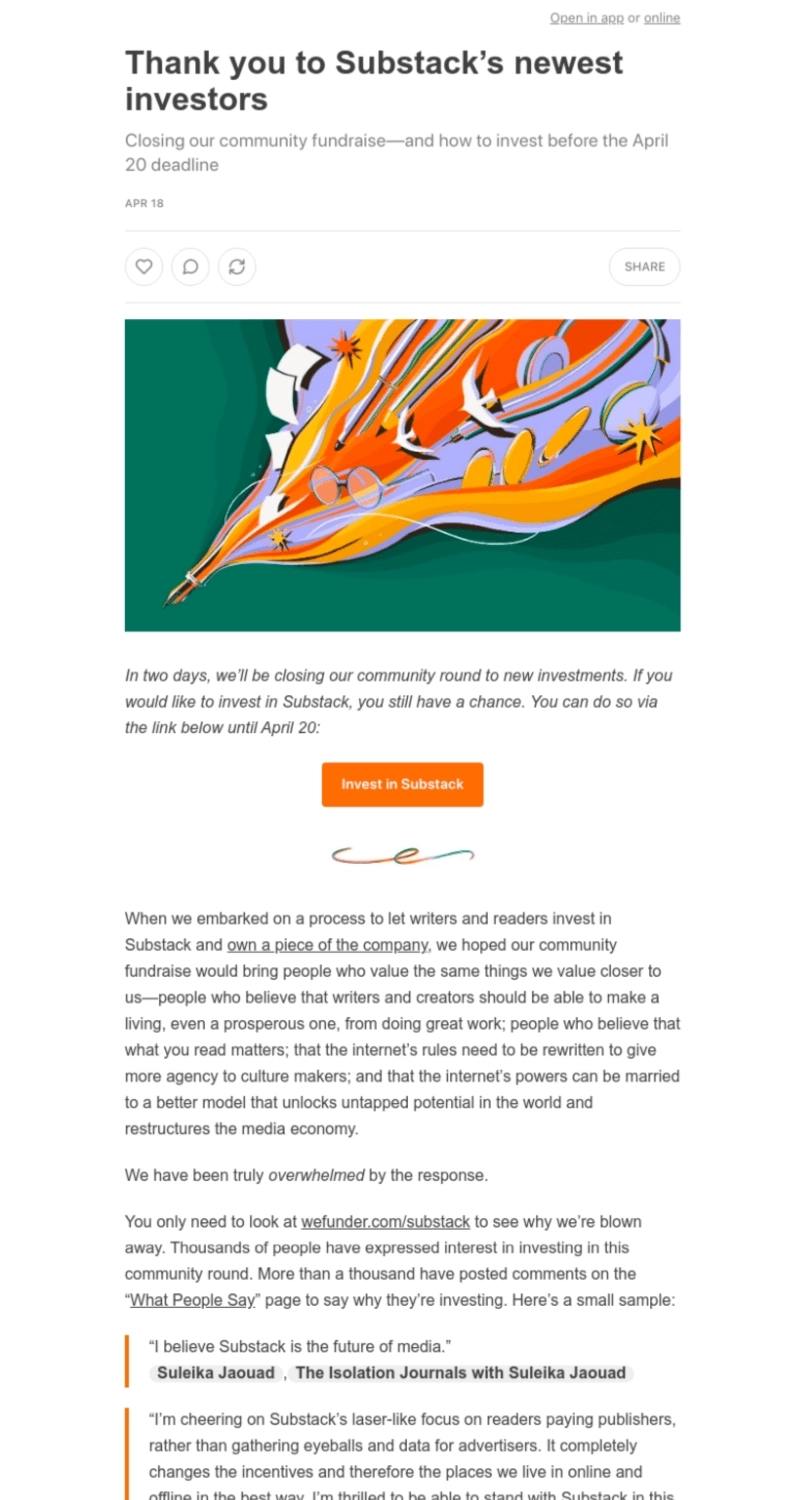 Email Engagement Content Ideas: Screenshot of Substack's email talking about their newest investors