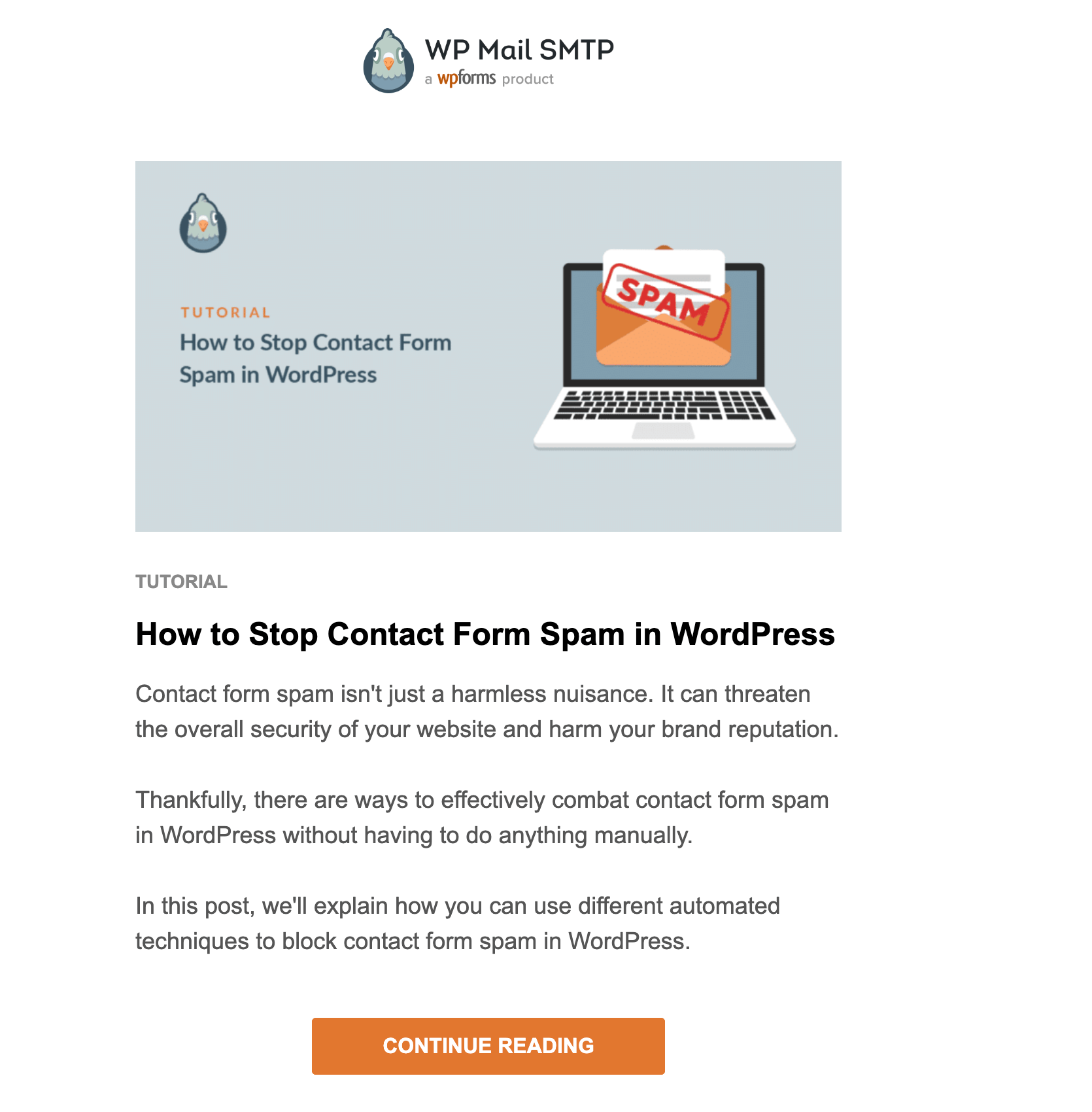 Email Engagement Content Ideas: Screenshot of WP Mail's email that urges users to read a tutorial