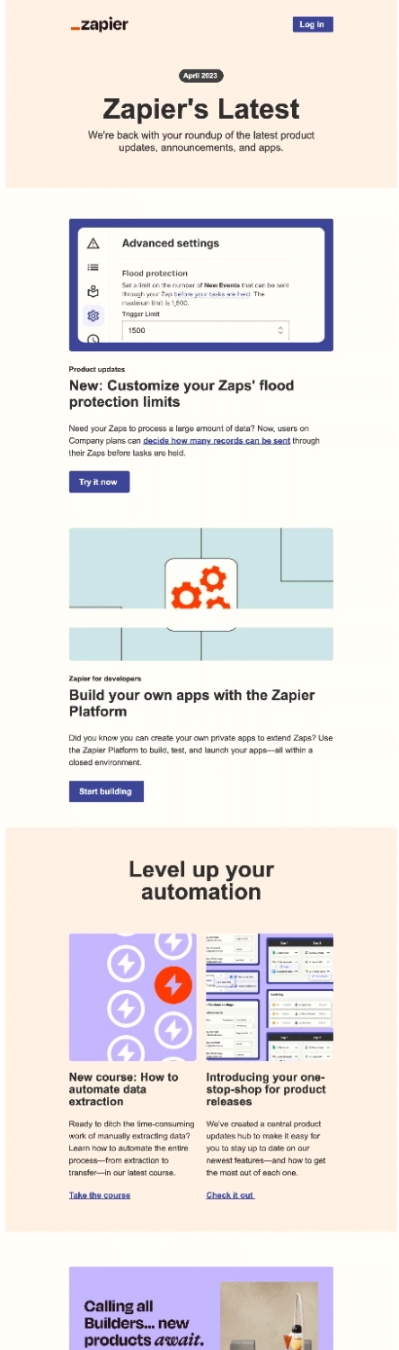 Email Engagement Content Ideas: Screenshot of Zapier's email about their product updates