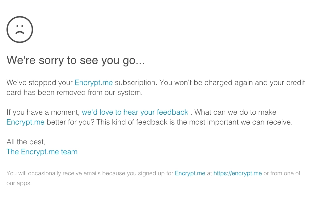 Email Marketing for Devtools: Screenshot of Encrypt's cancellation email