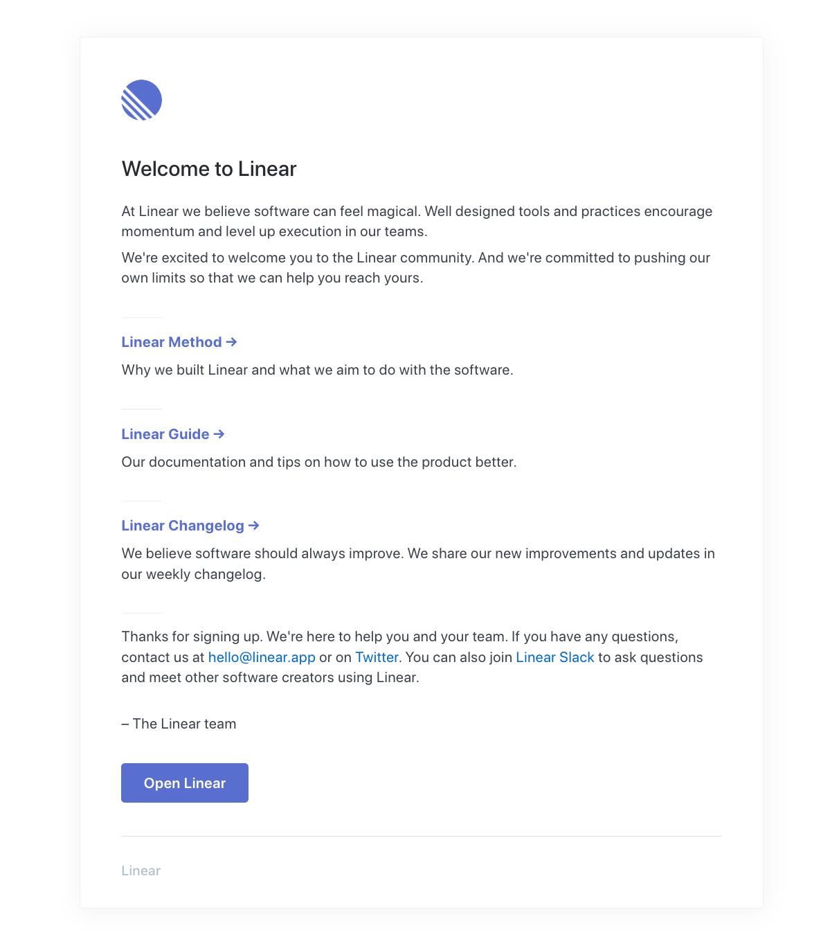 Email Marketing for Devtools: Screenshot of Linear's welcome email