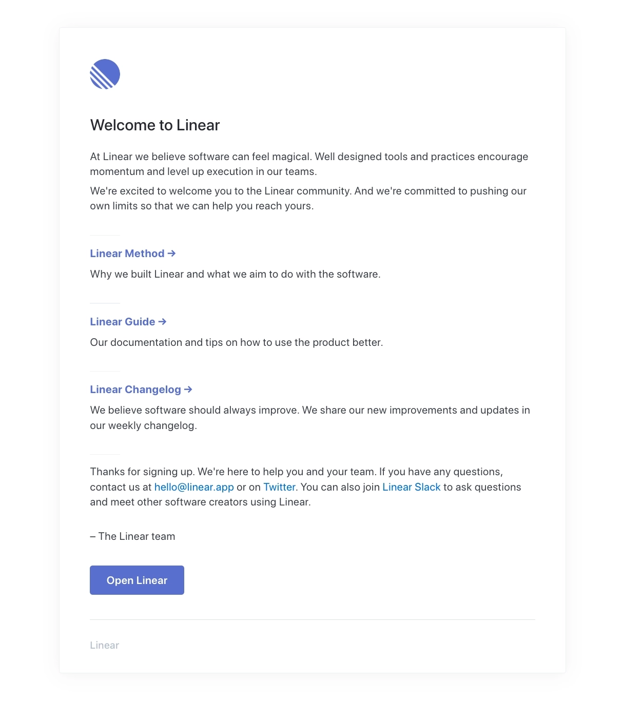 Email Marketing for Devtools: Screenshot of Linear's welcome email