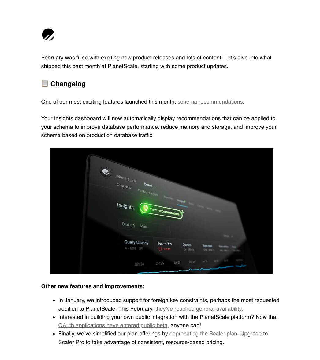 Email Marketing for Devtools: Screenshot of PlanetScale's newsletter