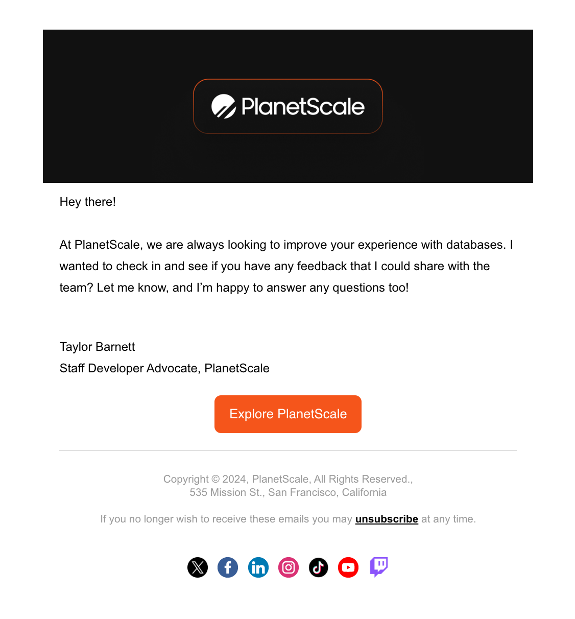 Email Marketing for Devtools: Screenshot of PlanetScale's feedback email