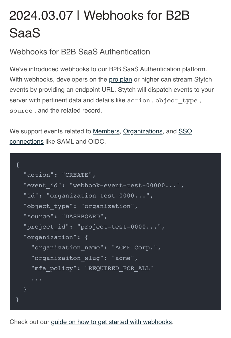 Email Marketing for Devtools: Screenshot of Stytch's email that includes a code snippet