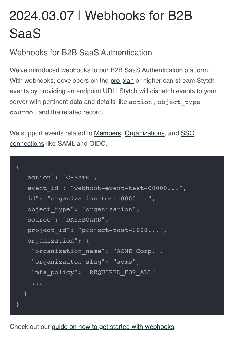 Email Marketing for Devtools: Screenshot of Stytch's email that includes a code snippet
