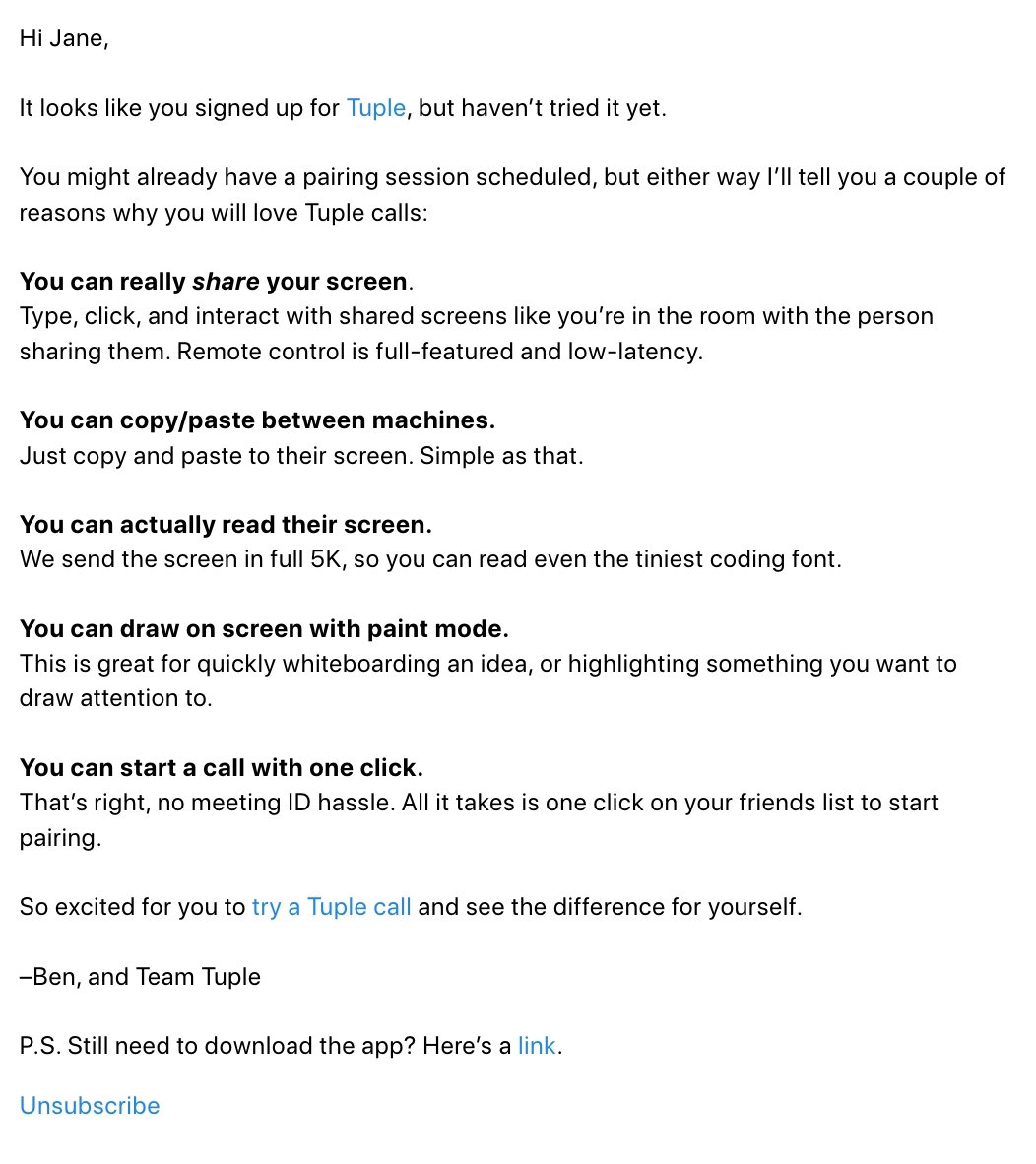 Email Marketing for Devtools: Screenshot of Tuple's welcome email