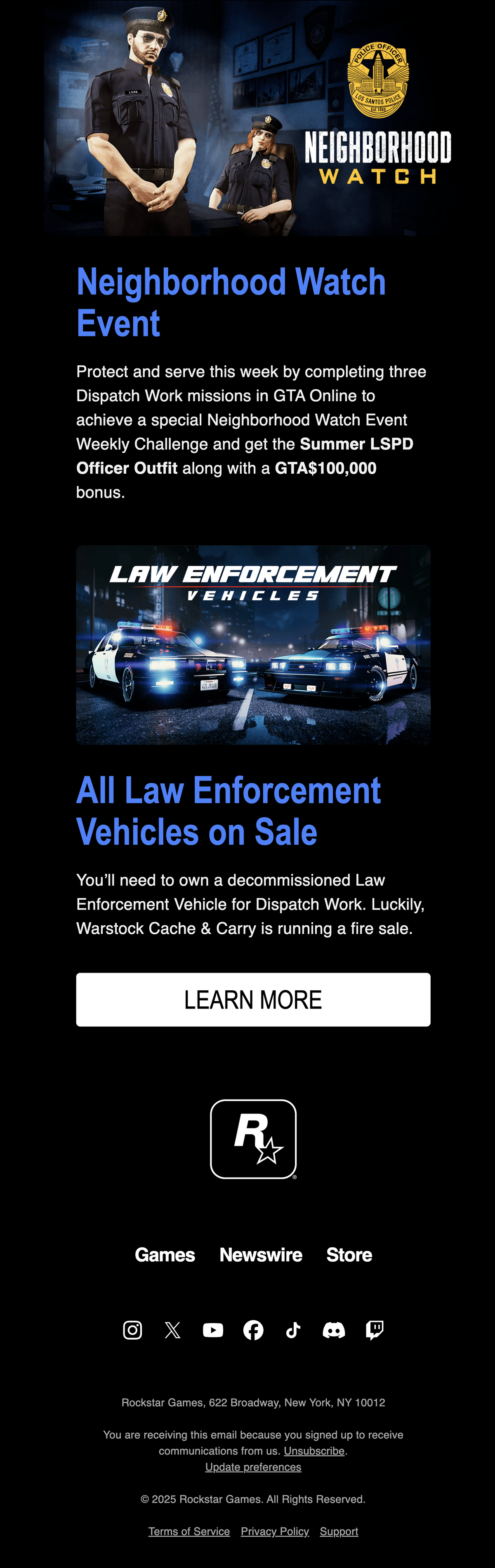 Email Marketing for Game Brands: Screenshot of Rockstar's email about the Neighborhood Watch Event in GTA Online