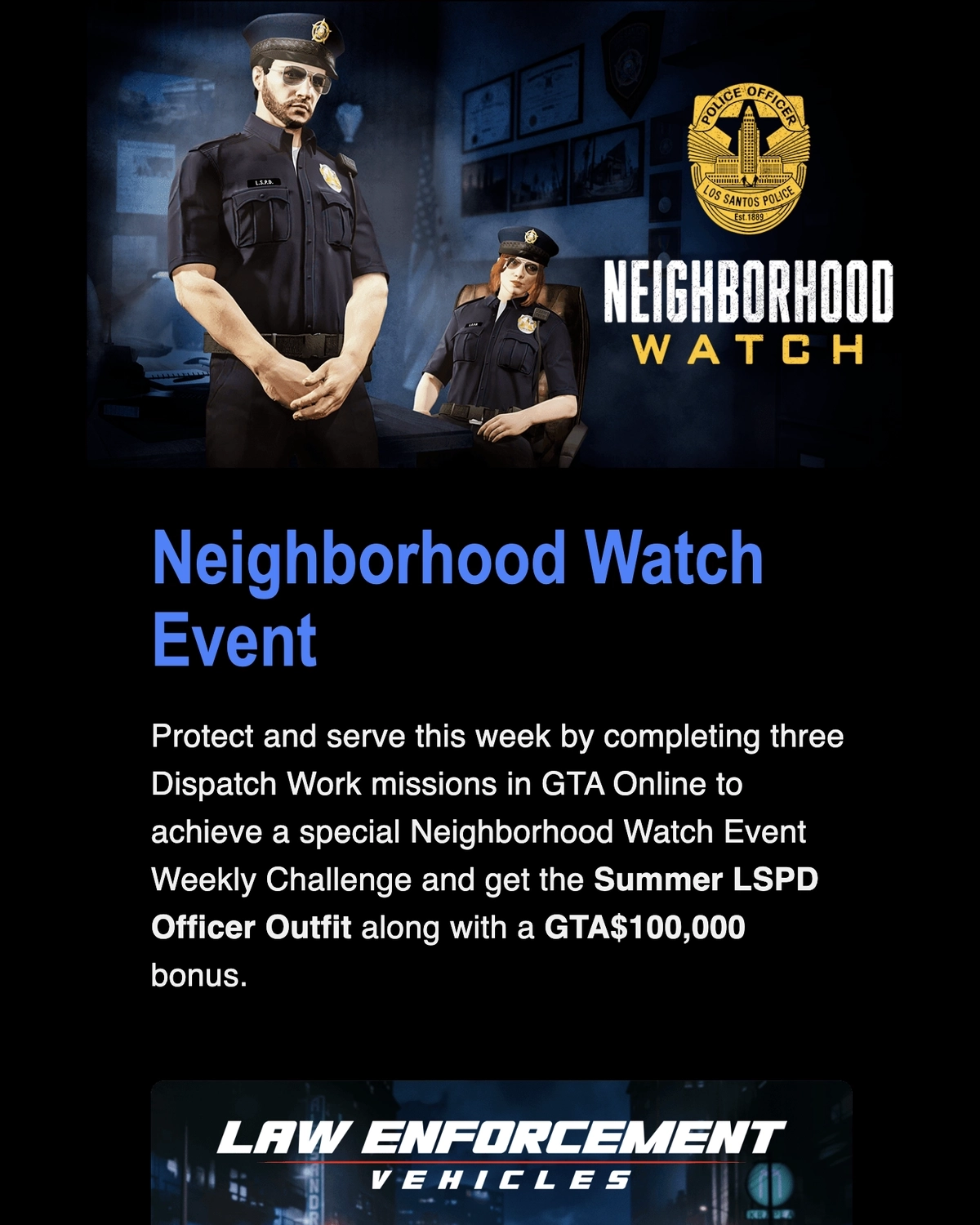 Email Marketing for Game Brands: Screenshot of Rockstar's email about the Neighborhood Watch Event in GTA Online
