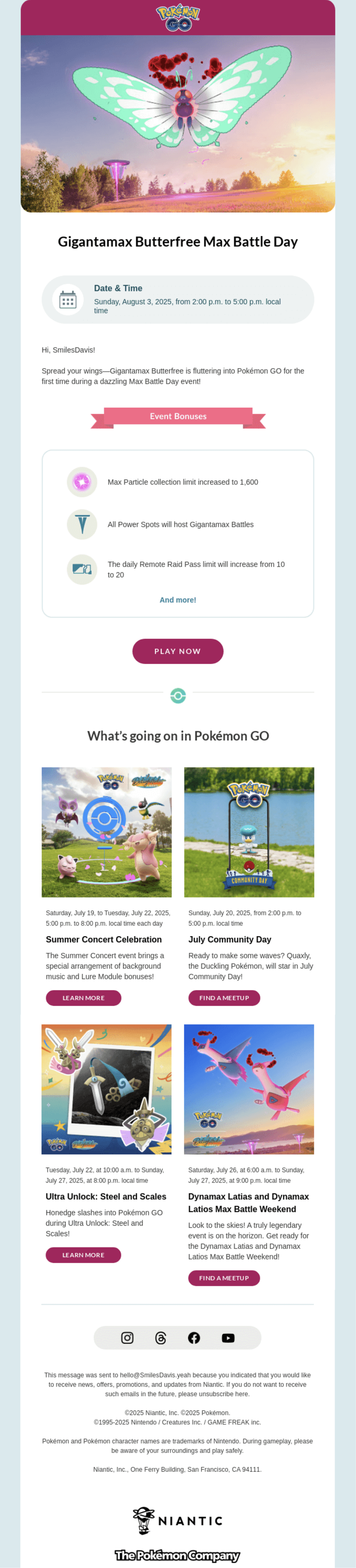Email Marketing for Game Brands: Screenshot of Pokemon Go's email about the Gigantamax Butterfree Max Battle Day