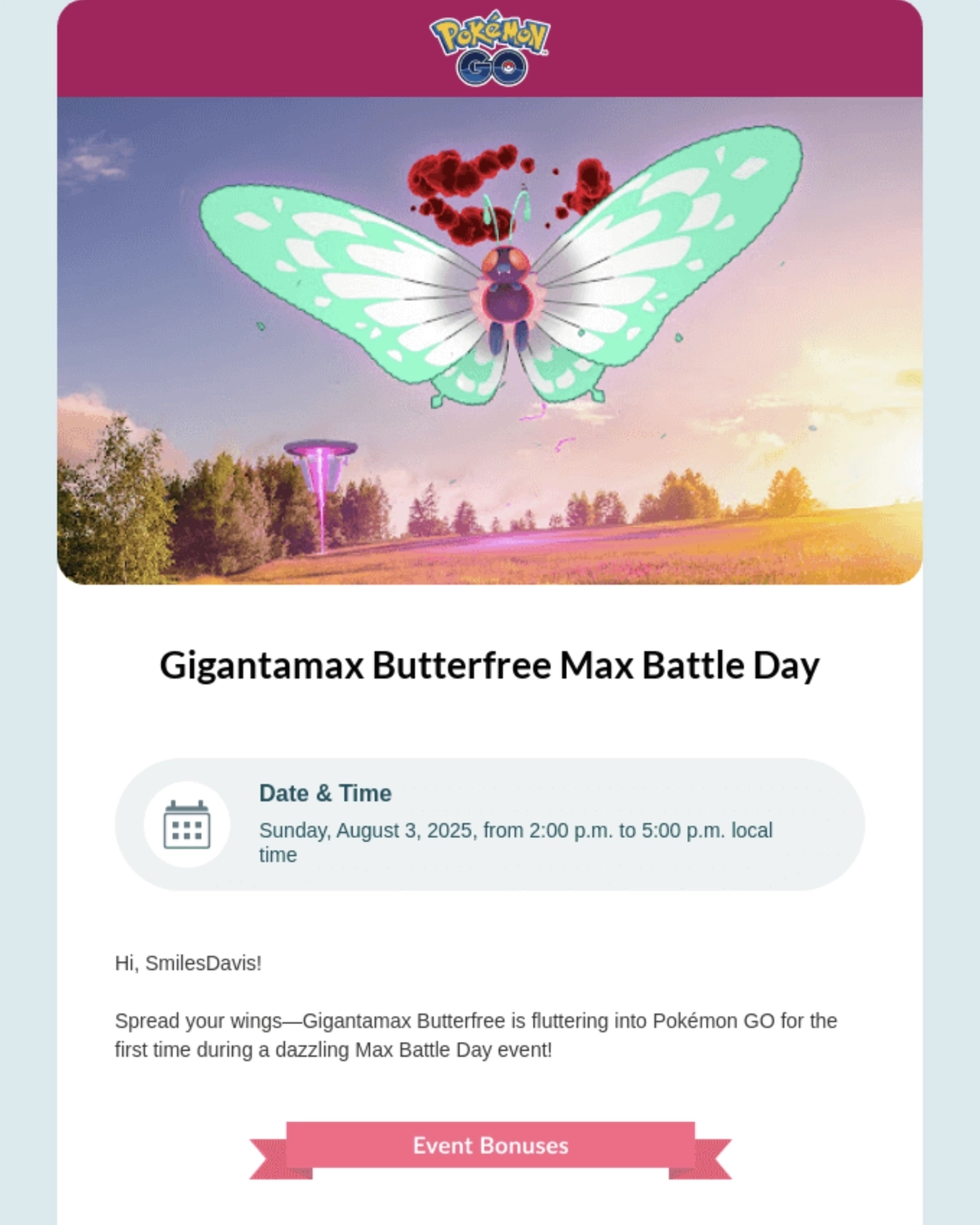 Email Marketing for Game Brands: Screenshot of Pokemon Go's email about the Gigantamax Butterfree Max Battle Day
