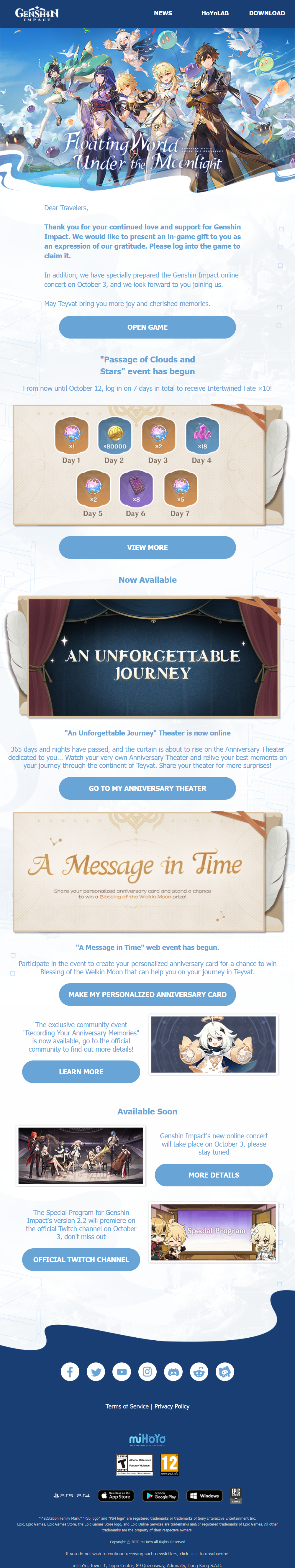 Email Marketing for Game Brands: Screenshot of Genshin Impact's player anniversary celebration email