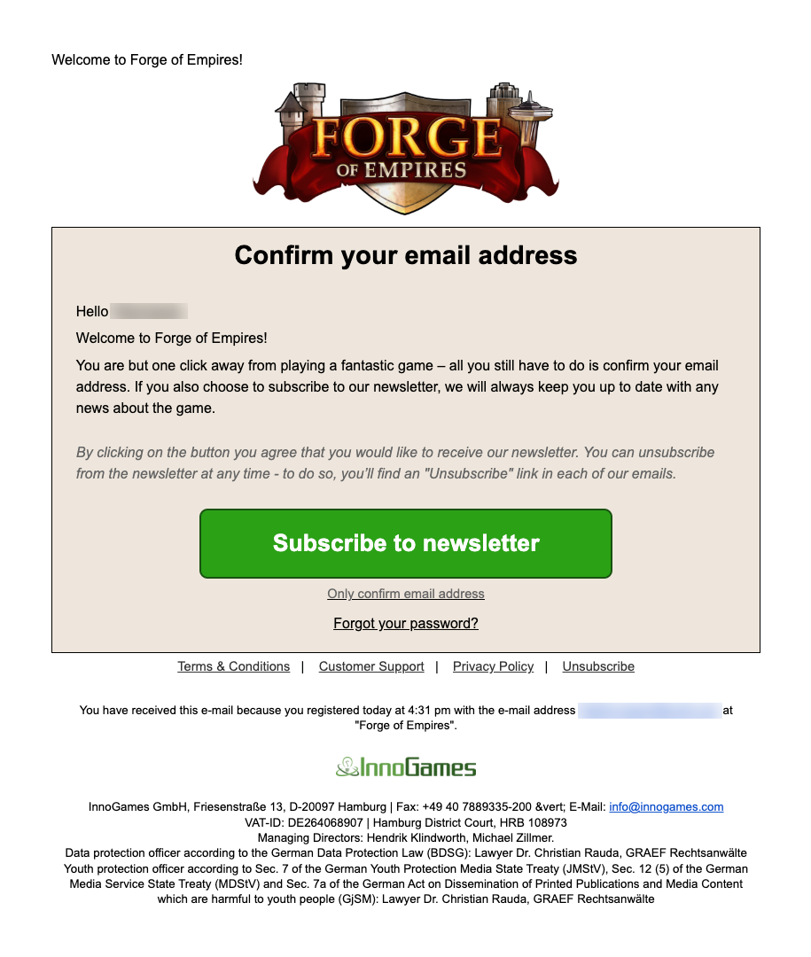 Email Marketing for Game Brands: Screenshot of Forge of Empires's email verificaiton doubling as a newsletter sign up email