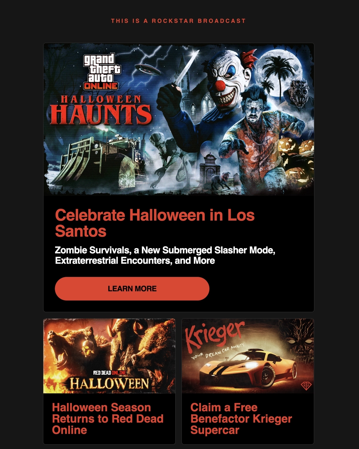 Email Marketing for Game Brands: Screenshot of Rockstar Games' newsletter for Halloween